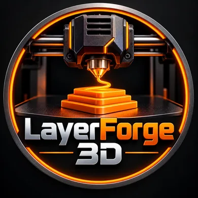 LayerForge 3D orange and silver logo emblem